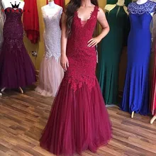 Custom Made Wine Red Mermaid V-neck Tulle Lace Beading Appliques Sexy Vintage Evening Dresses 2019 Party Gowns Dress ER15