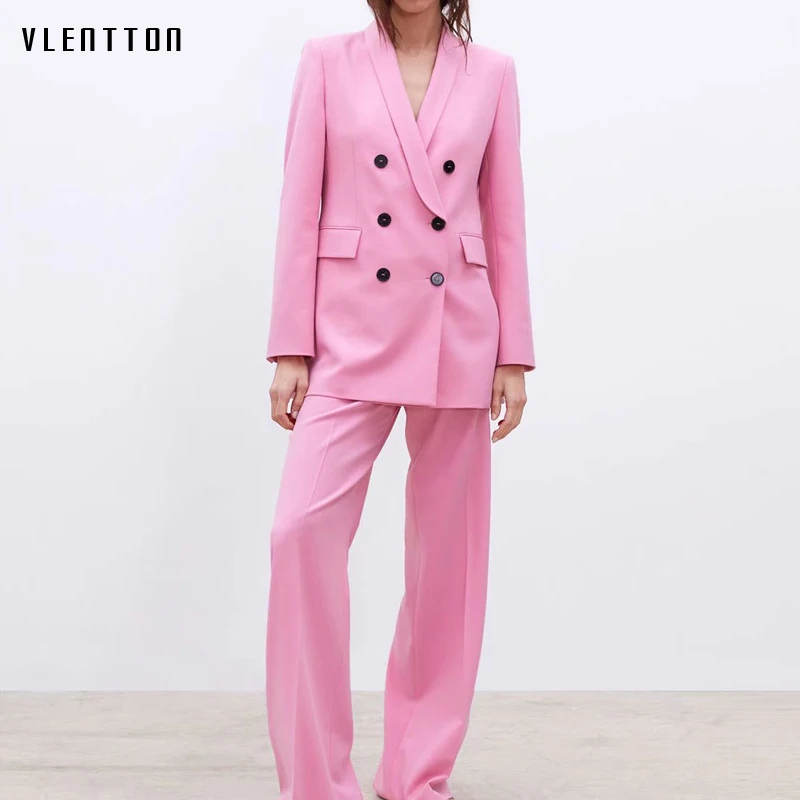 

2019 New 2 Piece Set Women Double Breasted Office Blazer Jacket And Pants Women's Suit Spring autumn Casual Long Sleeve Pink Set