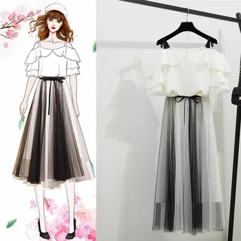 

French Fashion Women Two-Piece Clothing Set Harness New Chiffon Top Blouse & Sexy Fairy Skirts Summer Outfit Vestido Cute Girl