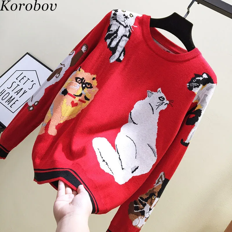 Korobov Корейская мультяшная трикотажная одежда с вышивкой Feminina Новые свитера с круглым вырезом винтажные женские пуловеры с рисунком кота 76447