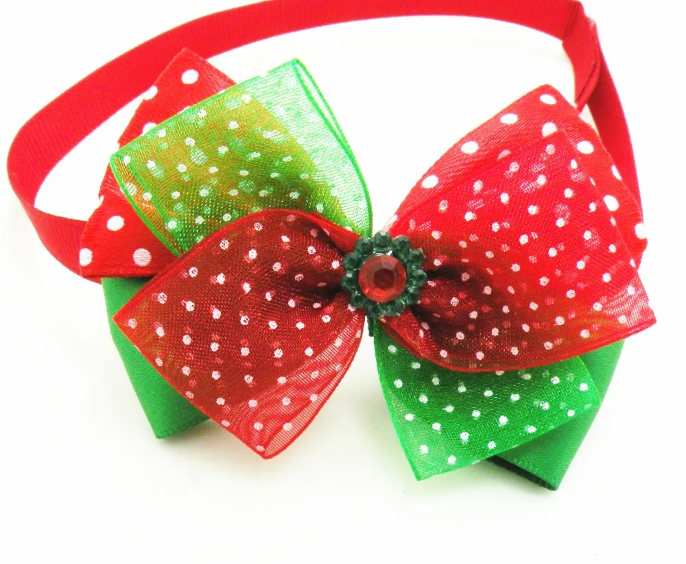 

50PC/Lot Polks Dots Christmas Dog Bow Ties Gauze Bowties Holiday Neckties Pet Dog Accessories
