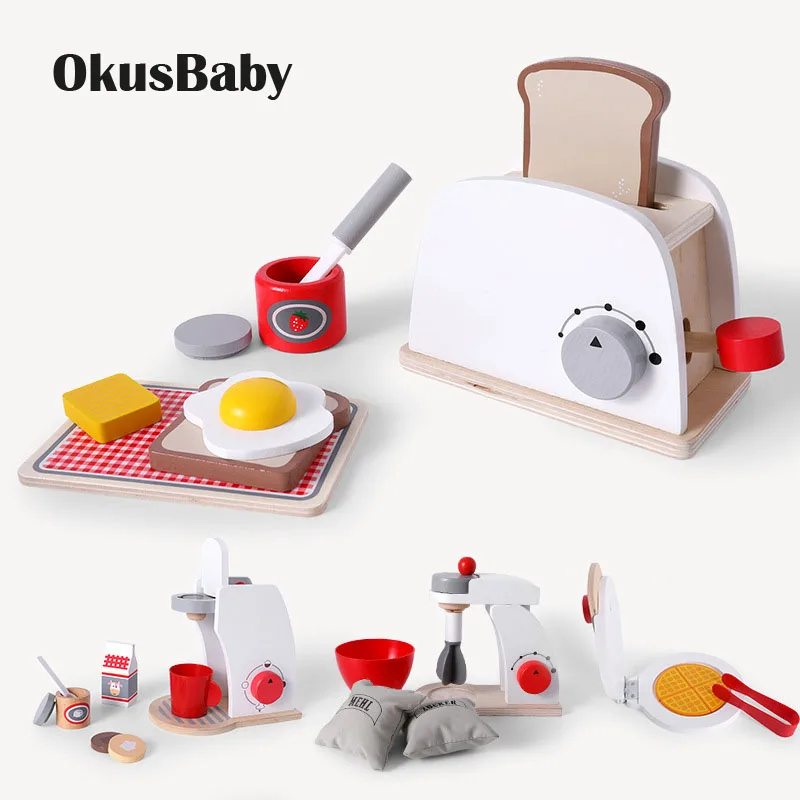 

DIY Wood Kitchen Toy Children Educational Play Set Bread Maker Breakfast Kids Cooking Blender Set Coffee Cookie Set