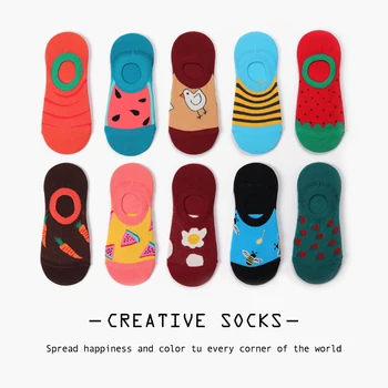 

Jhouson 1 pair Novelty Women's Colorful Summer Combed Cotton Fashion Non-slip Ankle Socks Watermelon Bee Pattern Boat Socks Gift