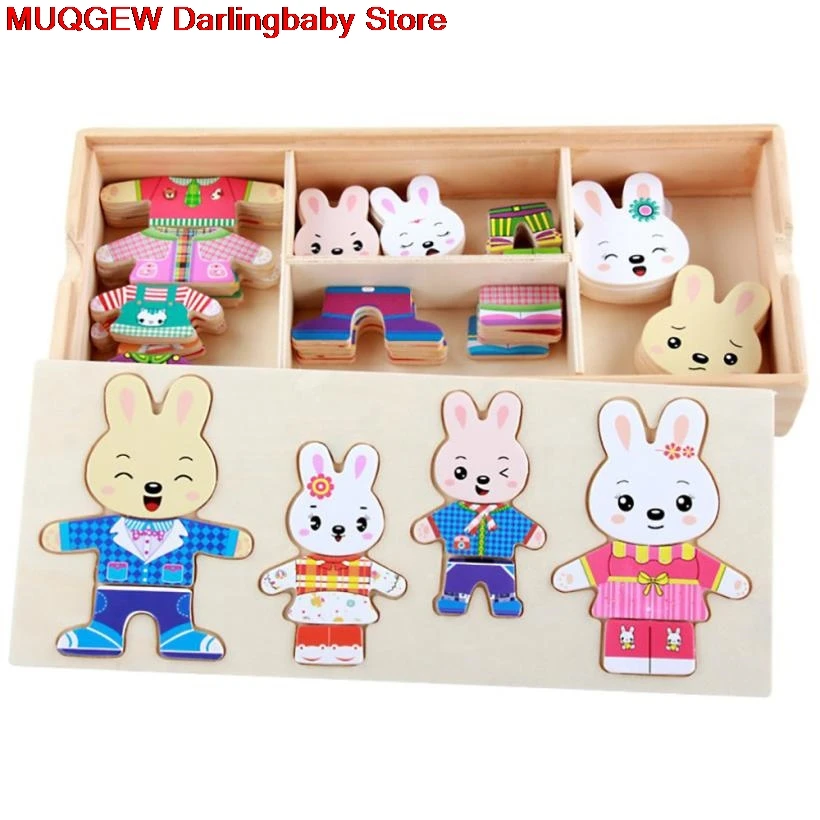 Мультфильм 4 кролик медведь платье изменение головоломки деревянные Обучающие Развивающие игрушки Забавные игрушки-гаджеты детский подарок на день рождения