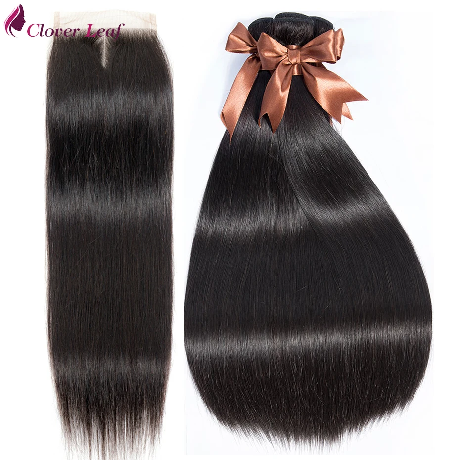 

Clover Leaf Peruvian Hair Weave Lace Closure With 3 Bundles Non Remy Hair Extension Straight Hair Bundles With Closure Natural