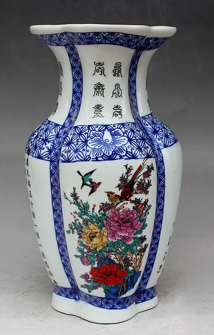 

Exquisite Chinese Antique Handmade Blue and White Porcelain Colorful Flowers and Birds Auspicious Ornament Vase