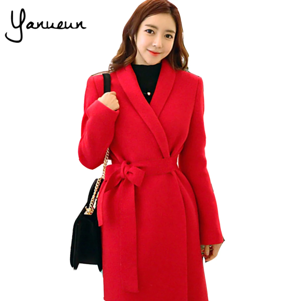 Yanueun Coreano Moda 2017 Mulheres Trench Coat De Lã Casacos de Inverno Casacos De Lã Longo Casaco Nova Primavera Natal Vermelho Outerwear