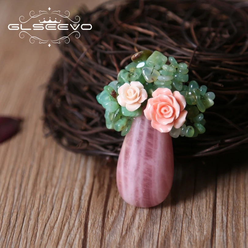 

GLSEEVO Natural Coral Powder Flower Brooch Pin Natural Blue Puprle Stone Brooches For Women Dual Use Luxury Jewelry GO0167