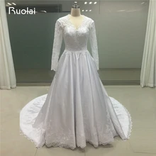 Real Photo Custom Made V-Neck Lace Wedding Dresses Long Sleeves Satin Ball Gown Princess Bridal Vestido de Novia 2017 FW126