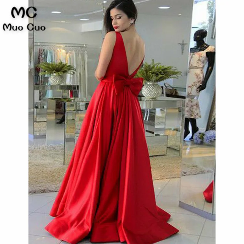 A-Line Bateau Backless Sweep Train Red Prom Dress with Bowknot