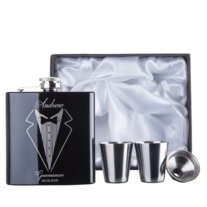 6OZ Hip Flask 18/8 Stainless Steel Personalized Engraved With White & Black Box Gift Wedding Favors personalized hip flask