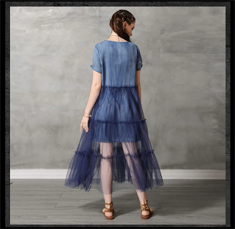 Summer Sexy Mesh Dress 2019 Vintage Women Denim Dresses Tiger Embroidery Chiffon Patchwork Vestido O-neck Dress KE82176 (14)
