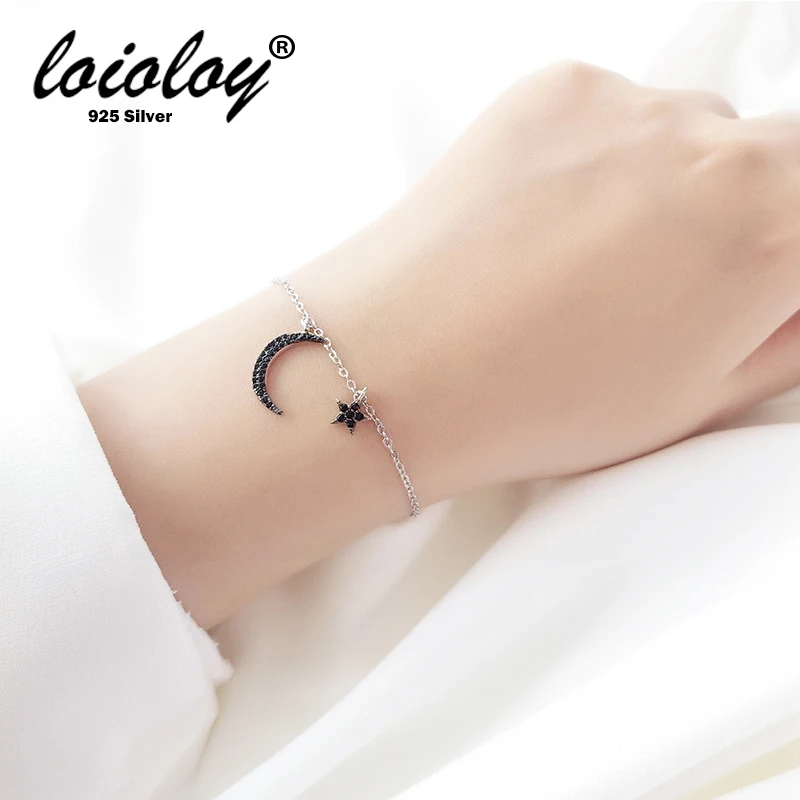 

Loioloy New Genuine 925 Sterling Silver Sweet Whisper of Crescent Moon & Star Black CZ Link Bracelet Luxury Silver Jewelry
