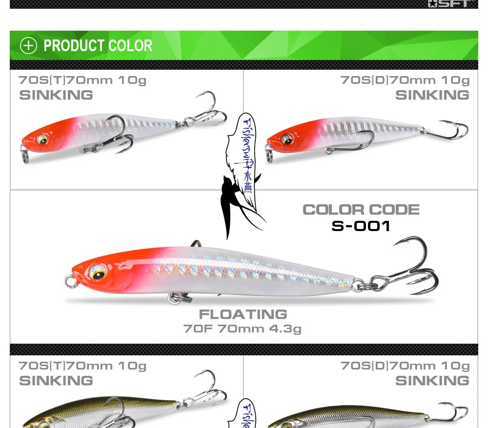SFT 70 мм 4,3 г 10 г рыболовные приманки плавающий тонущий снасти Карандаш мягкие приманки искусственные морские окуни приманки фиксируются с тройными крючками