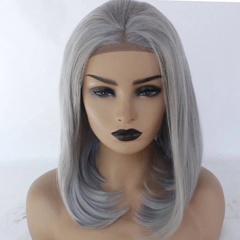 Glueless Synthetic Lace Front Bob Wig Reddish Silver Grey Short
