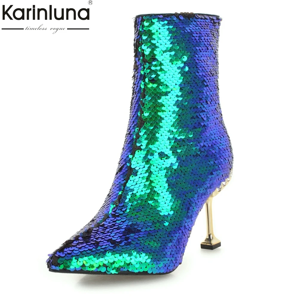 

Karinluna Large Size 32-43 sexy Add Fur Winter Boots Woman Shoes Boots Zip Up High Heels party Ankle Boots Shoes Woman