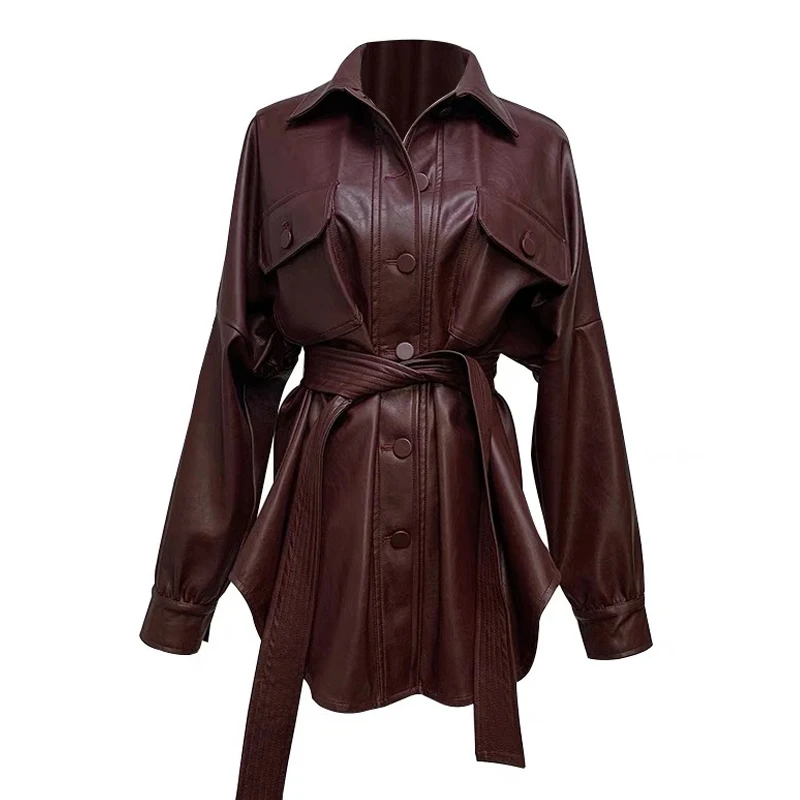 Kaufen LANMREM 2020 drehen unten kragen wein rot voll sleeves einreiher PU leder hohe taille leder jacke weibliche WH29203S