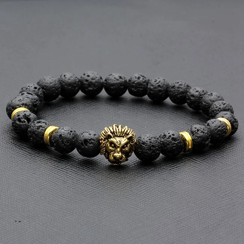 

1 Pcs Fashion Men's Black Lava Stone Gold&Silver Lion Beaded Charm Bangle Bracelet