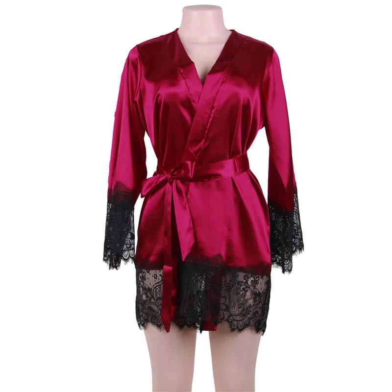 Ohyeahlover шелковые халаты кружева сшивание сексуальный халат нижнее белье для невесты халат сексуальное женское кимоно Черная женская домашняя пижама RM80558 - Цвет: Wine Red