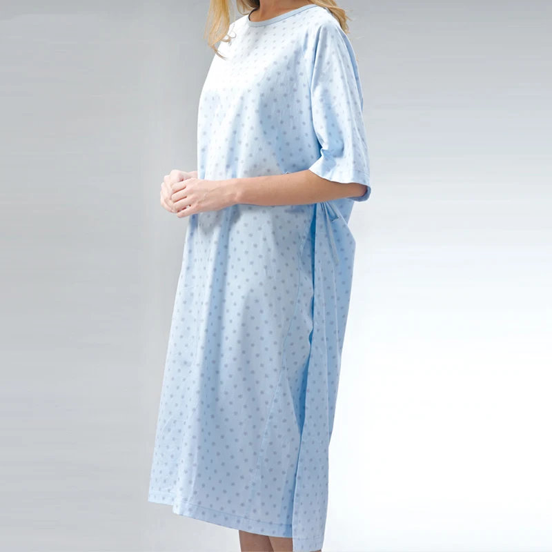 2017 Hospital Patients Long Loose Robe Light Blue Edelweiss Print High