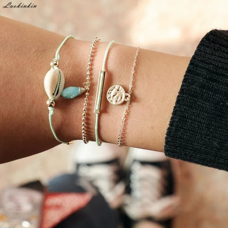 

light blue resin,natural white shell,golden circle alloy chain bracelet spring style boho fashion women jewelry 2019 new