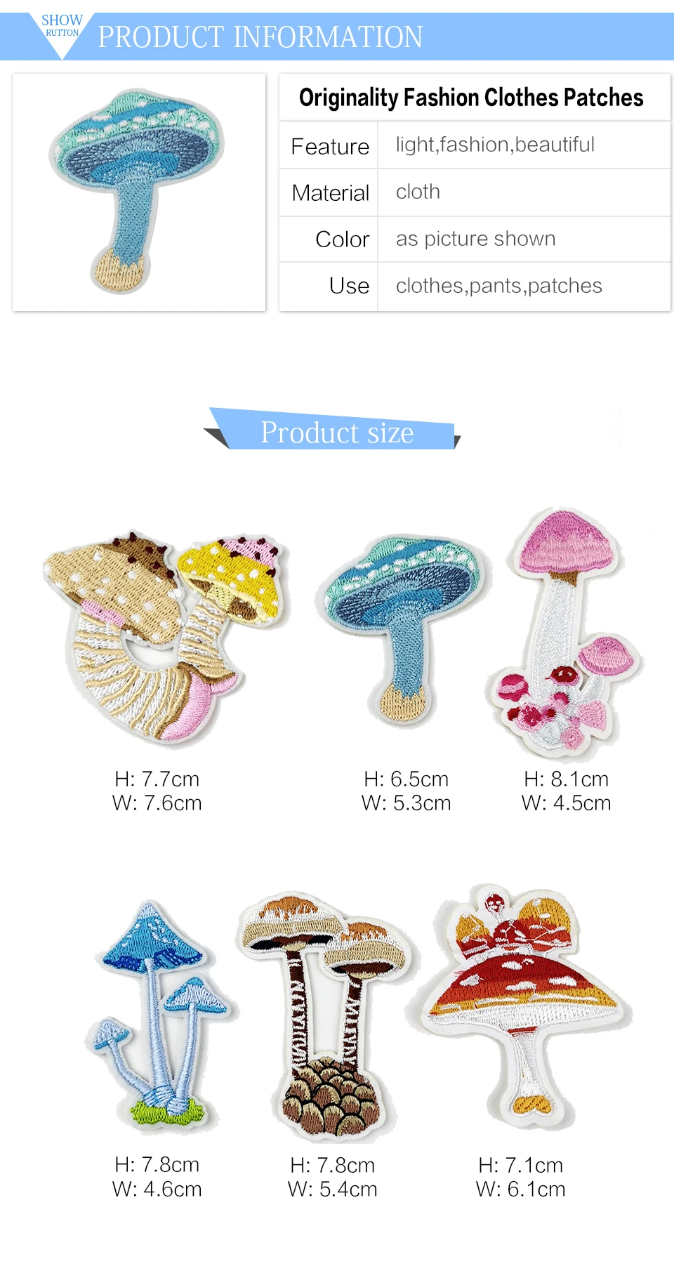 Iron On Patches Kids Cute DIY Stripe Mushroom Patch Small Size Embroidery Badges For Clothes Clothing Fabric Garment (1)