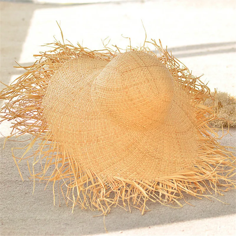 

Summer Raffia Wide Brim Sun Hats Woman Hand Made Beach Straw Hat Tassel UVprotection Beach Hat Caps