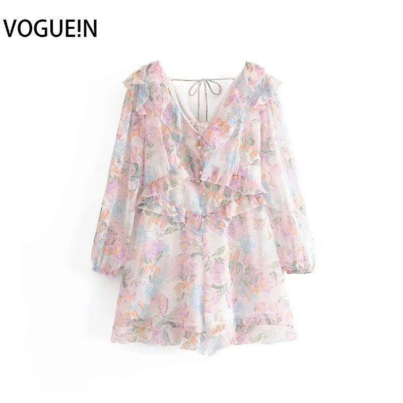 

VOGUEIN New Womens Summer Tulip Floral Print V-Neck Chiffon Ruffled Jumpsuit Playsuit Wholesale