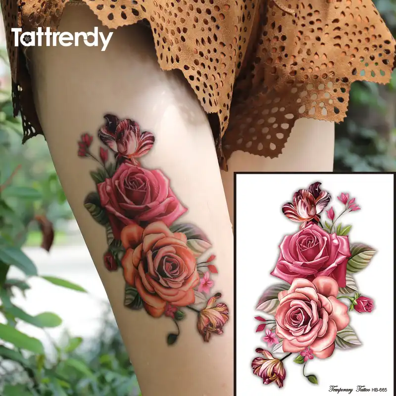 1 Pc 3d Rose Fleurs Bras épaule Tatouage 2 Taille Imperméable Temporaire Tatouage Autocollant Faux Tatouages Flash Pour Fille Femmes Hommes Sur Le