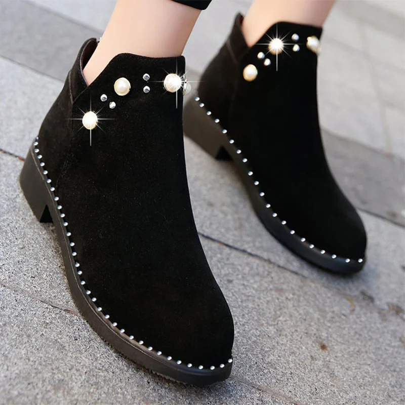 

2018 Women Ankle Boots Flock Pearl Shoes Crystal Square Heels Female Zipper Botas Autumn Winter Fashion Ladies Footwears