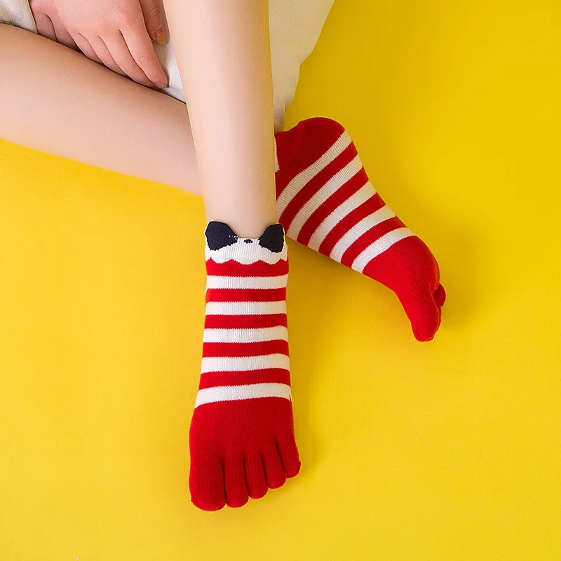 Striped Cotton Short Socks Women Five Toe Cute Ears Cotton Socks Pure