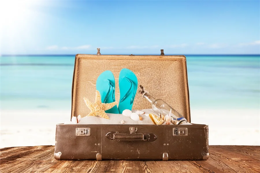 

Laeacco Seaside Wooden Boards Suitcase Slipper Photography Backgrounds Customized Photographic Backdrops For Photo Studio