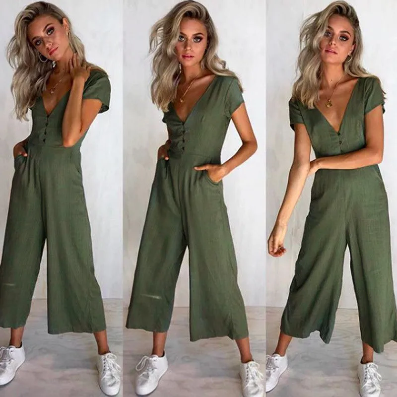 Women Clubwear Playsuit Romper Solid V-neck Sexy Summer Short Sleeve Party Jumpsuit Rompers Trousers