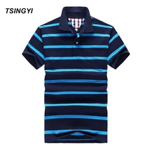 Tsingyi, полосатая Мужская рубашка поло, Camisa Masculina, отложной воротник, хлопок, мужские рубашки поло, летняя повседневная синяя полосатая рубашка поло