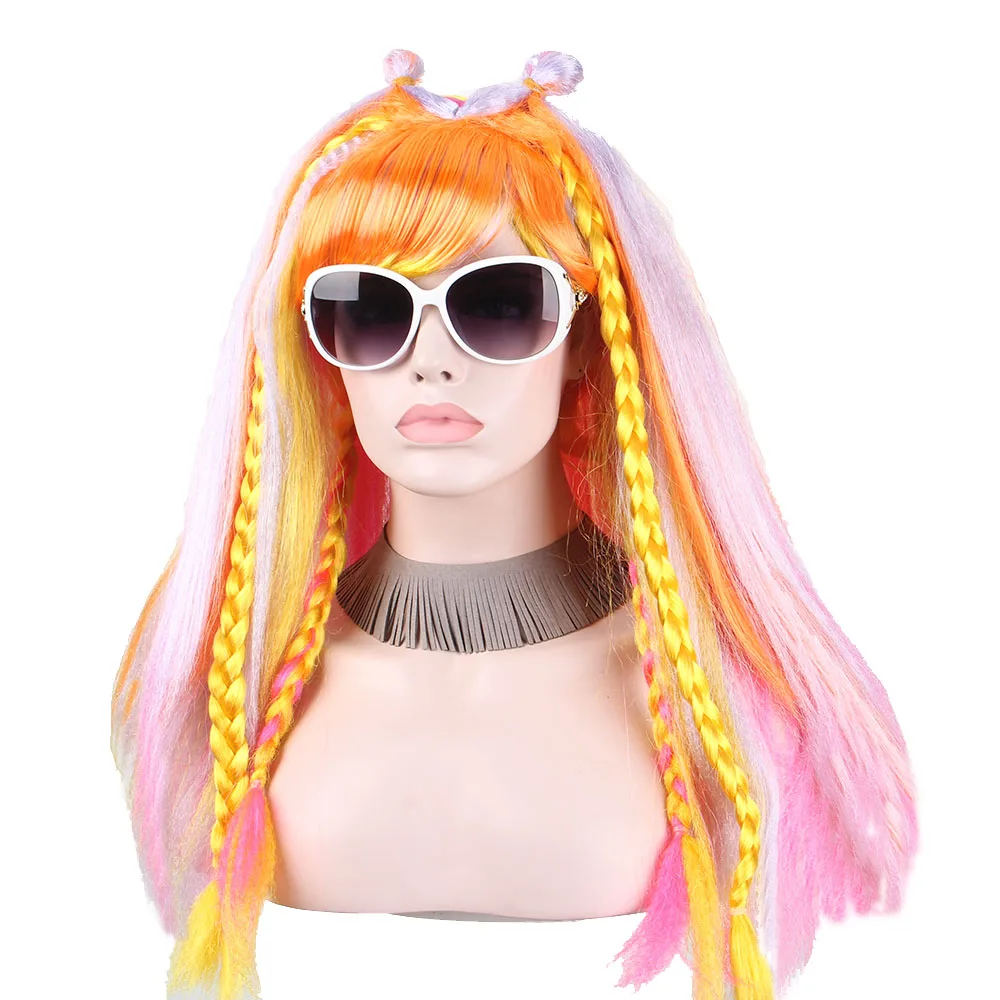 Long Wavy Cosplay Wig Two Twist Braids Wig Pink Gold Orange With