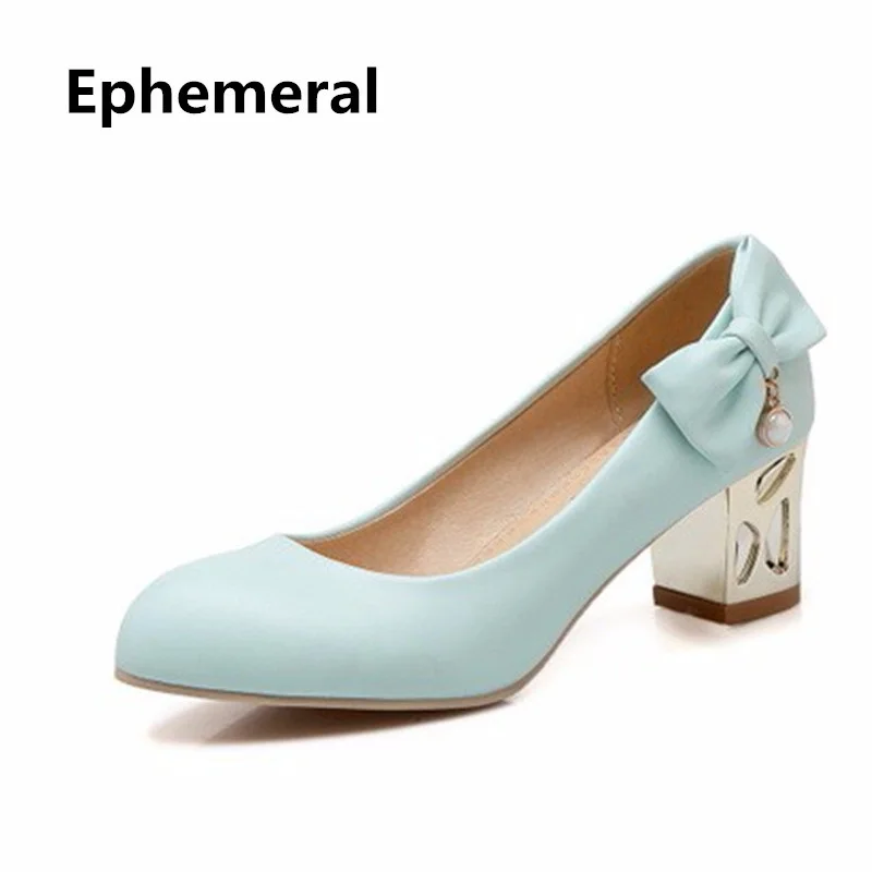 

Lady Peal Bowtie Plus size 34-43 Round Closed Toe Single High heels Shoes Square Thick Crystal Heel Women Pumps Sophia Webster