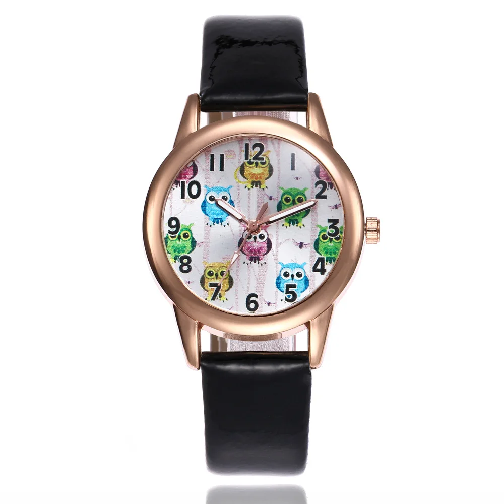 Детские модные часы с милым рисунком совы, наручные часы с кожаным ремешком, простые цифровые часы для девочек и мальчиков, Детские Кварцевые часы - Цвет: Черный