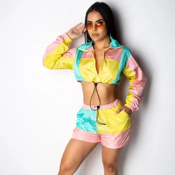 

2019 Women Sexy Zipper V Neck Long Sleeve Tops And Pants Suits Streetwear Patchwork Colors 2 Piece Sets
