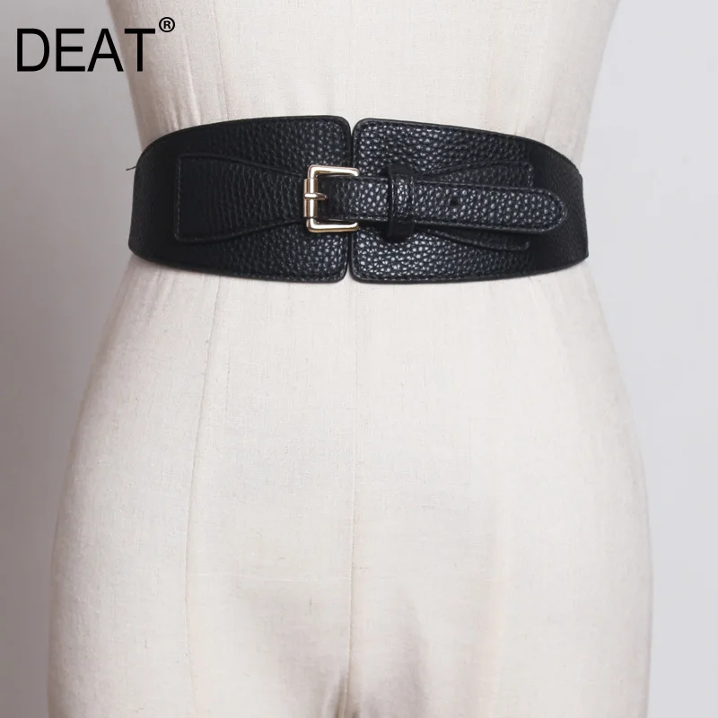 

[DEAT] 2019 New Autumn Winter Pu Leather Yellow Buckle Split Joint Personality Wide Belt Women Fashion Tide All-match JS76