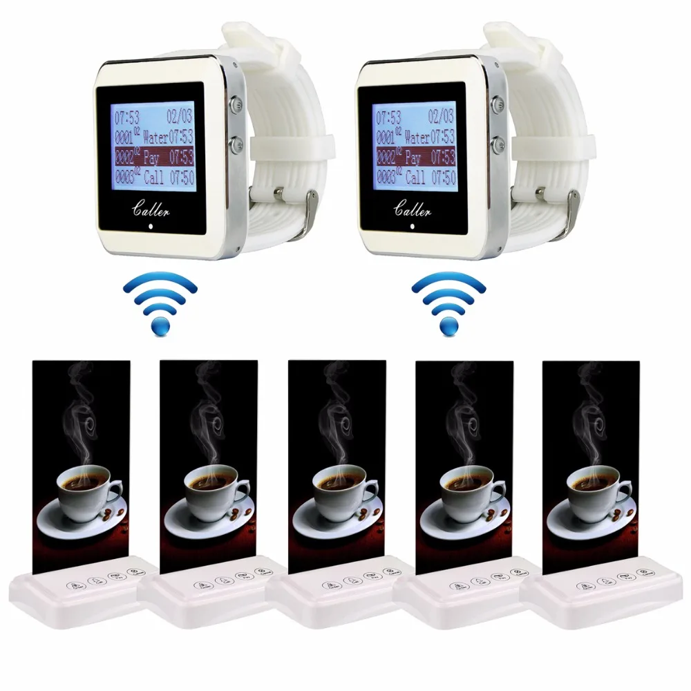 

Wireless Restaurant Pager Waiter Calling System 2pcs Watch Wrist Receiver+5pcs Table Call Transmitter Button Pager F3355