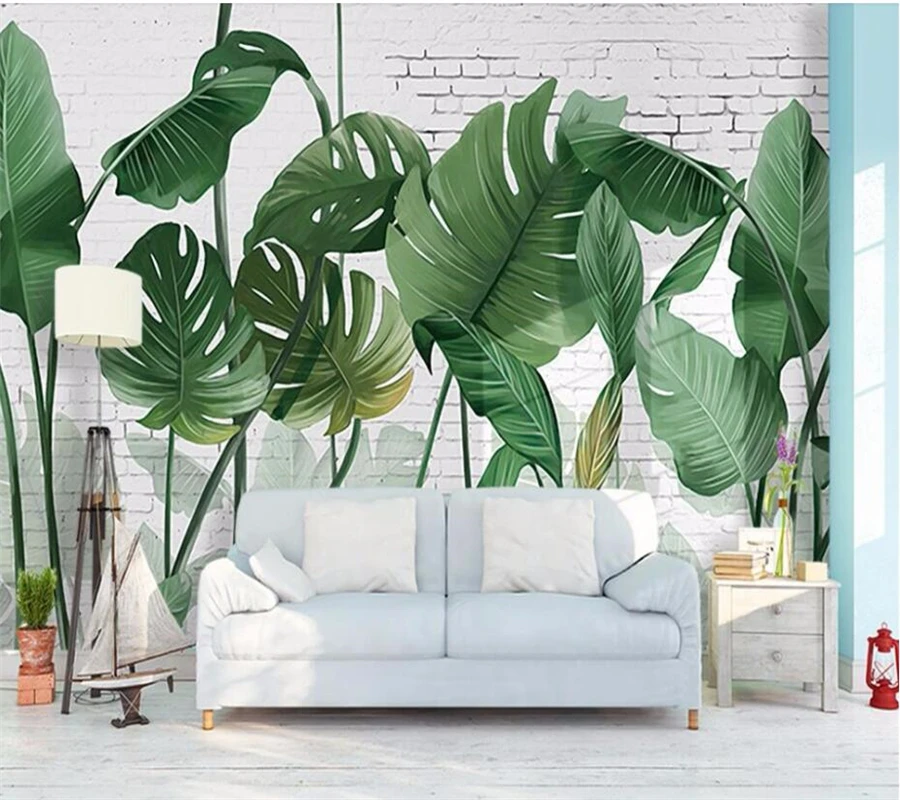 

Beibehang Custom wallpaper, Nordic hand-painted brick wall plant banana leaf long style living room TV background 3d wallpaper
