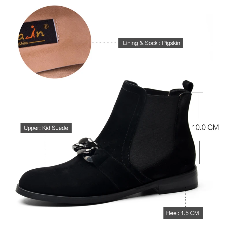 Donna-in Chelsea Booties Women Genuine Leather Ankle Boots Metal Chains Natural Suede Low Heels Boots Fashion Spring Ladies Shoe Women's Shoes