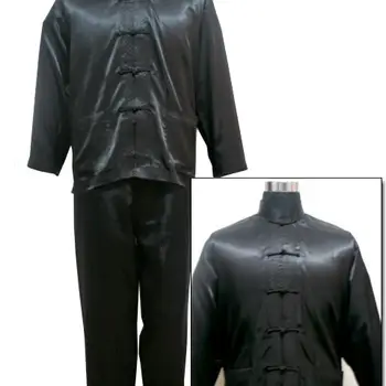 블랙 중국 스타일 남성 새틴 잠옷 세트, 참신한 버튼 잠옷 정장, 캐주얼 잠옷, 긴 소매 셔츠 & 바지, S M L XL XXL