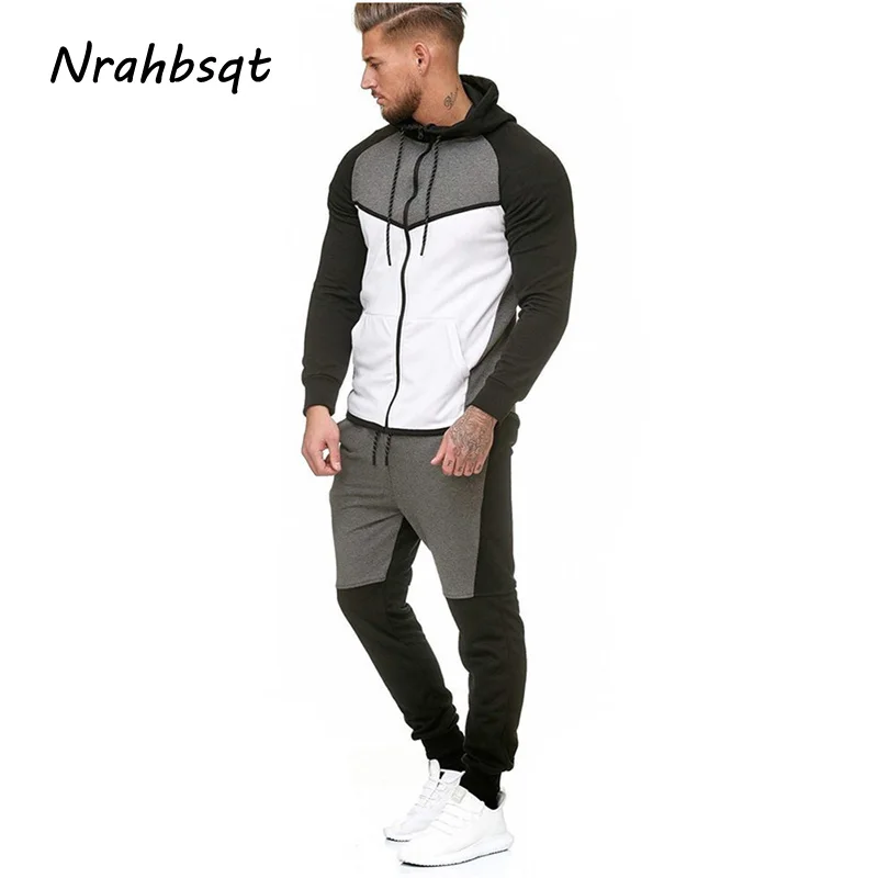 

NRAHBSQT Stitching Fleece Sweater Guard Pants Sport Suit Men Zipper Color Matching Jacket Long Sleeve Fitness Running Sets RS045