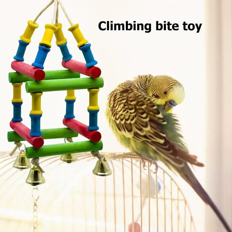 Bird Parrot Toy Climbing Ladder Wood Blocks Bird Chewing Bite Hanging Cage Toy with Bell Cage Hanging Cage Swing Toys Decor
