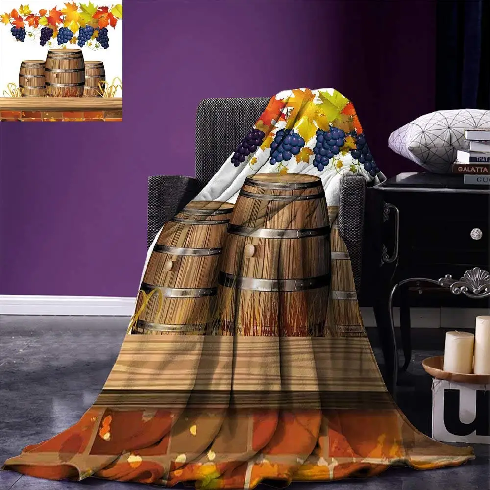 Vineyard Throw Blanket Wooden Wine Barrels with Faded Golden Colored