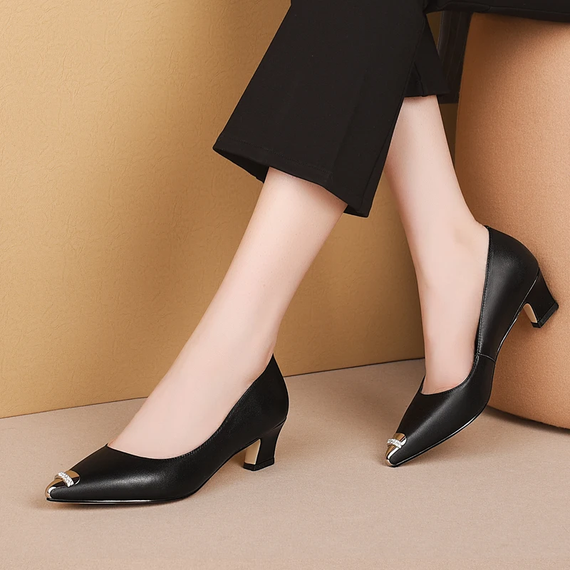 

Genuine Leather High Heels Platform Pumps Shoes Metal toe Slip On Elegant Party Shoes Woman Ladies Wedding Shoes Chaussure Femme
