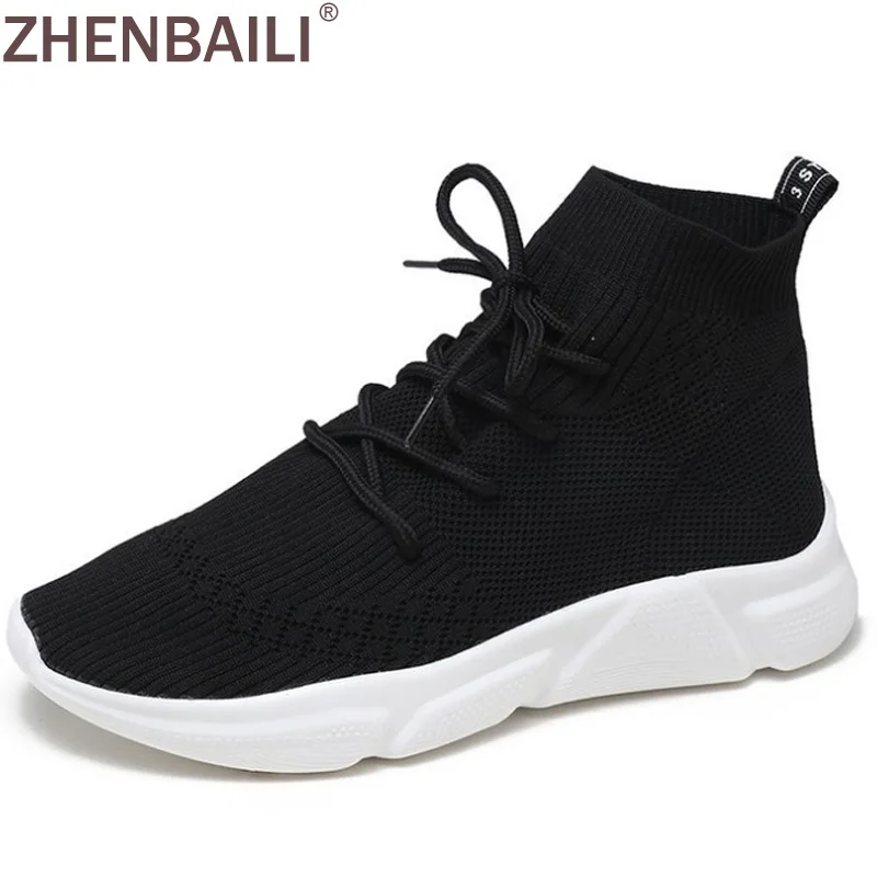 

ZHENBAILI Black White Breathable 2019 Autumn Mesh Knit Lightweight Sock Sneakers Women High Top Flat Walking Shoes Trainers