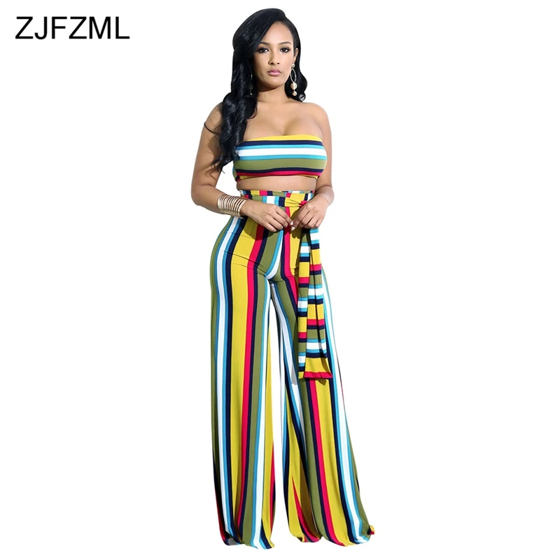 ZJFZML полосатый комбинезон Для женщин s комбинезон длинные штаны комплект из двух предметов Sexy бретелек бинты широкие брюки комбинезоны Для