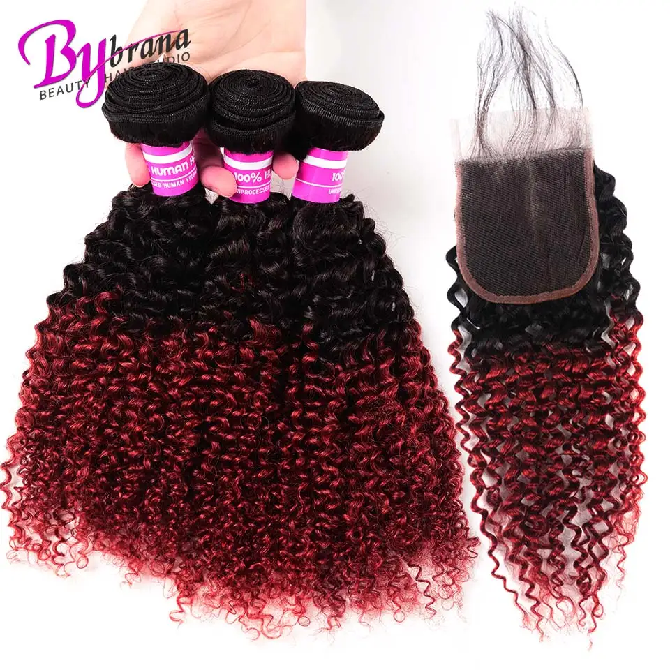 Bybrana 1BBurgundy Malaysia Kinky Curly Wave Bundles With Closure Non-remy Hair Bundles With Closure 100% Human Hair (7)